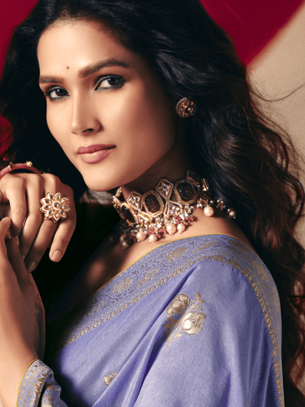 Periwinkle Blue Banarasi Silk Saree With Contrast Blouse