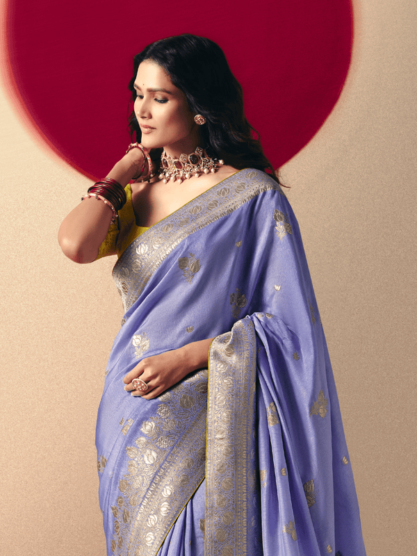 Periwinkle Blue Banarasi Silk Saree With Contrast Blouse