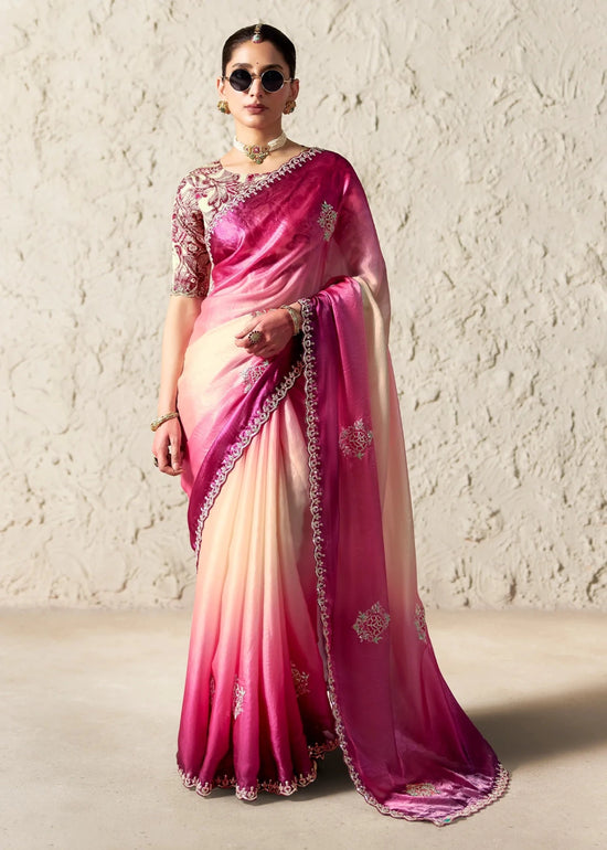 Pink Ivory Ombre Designer Organza Saree