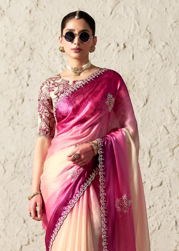 Pink Ivory Ombre Designer Organza Saree