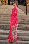 Pink Khadi South Silk Saree With Temple Border