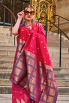 Pink Khadi South Silk Saree With Temple Border