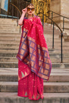 Pink Khadi South Silk Saree With Temple Border