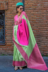 Pista Green and Pink Soft Silk Saree