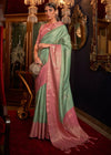 Pista Green And Tulip Woven Banarasi Tanchoi Silk Saree