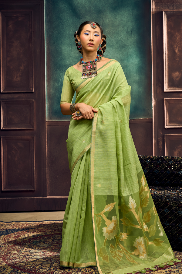 Pista Green Banarasi Cotton Silk Saree