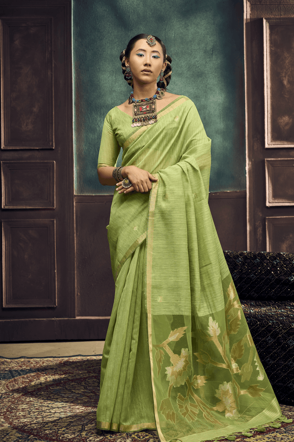 Pista Green Banarasi Cotton Silk Saree