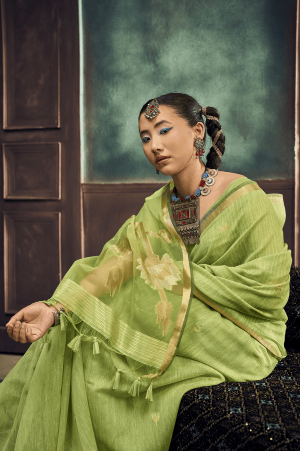 Pista Green Banarasi Cotton Silk Saree