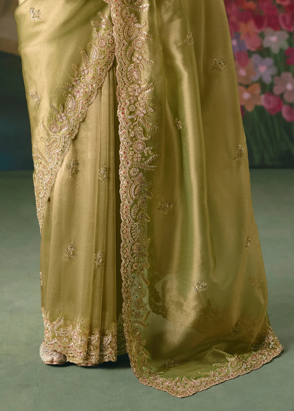 Pista Green Designer Silk Saree with Zari Embroidery Work