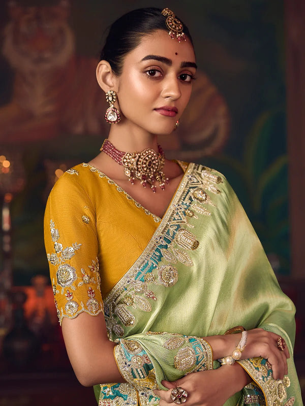 Pista Green Designer Tissue Silk Saree with Contrast Blouse