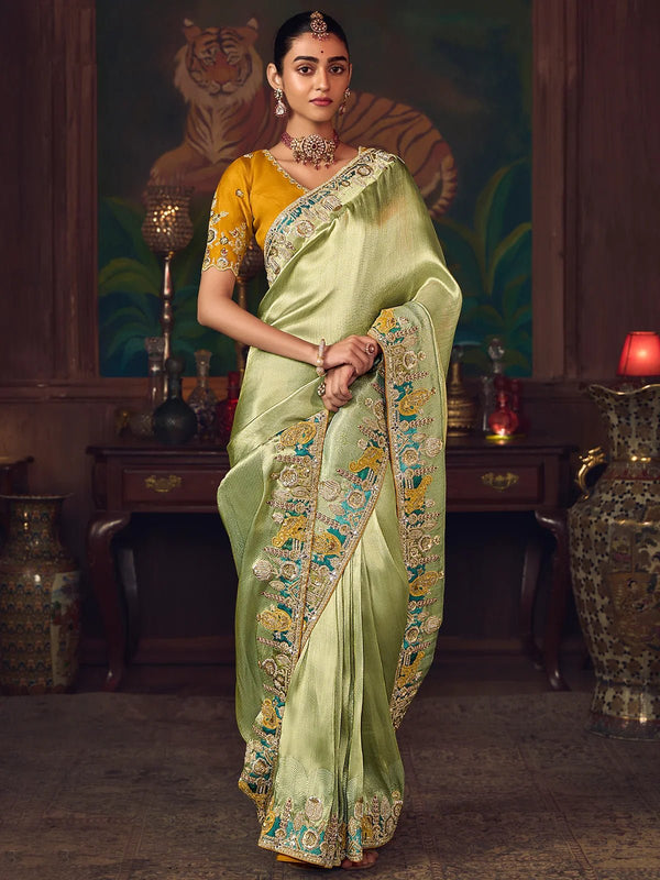 Pista Green Designer Tissue Silk Saree with Contrast Blouse