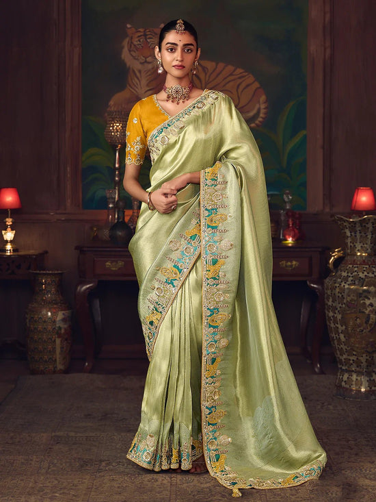 Pista Green Designer Tissue Silk Saree with Contrast Blouse