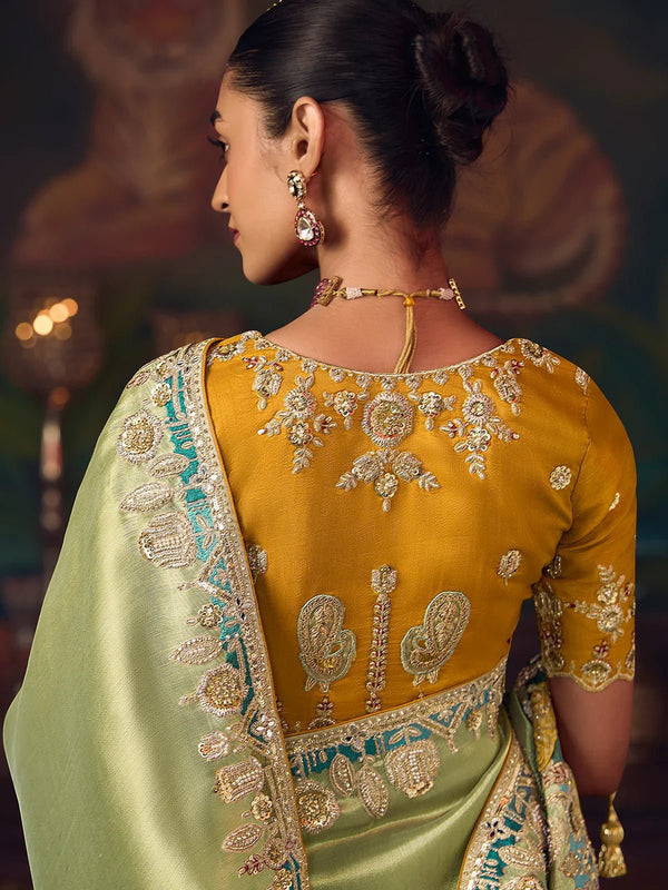 Pista Green Designer Tissue Silk Saree with Contrast Blouse