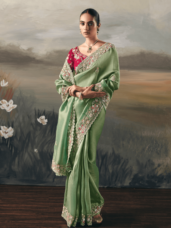 Pista Green Embroidered Designer Organza Silk Saree With Contrast Blouse