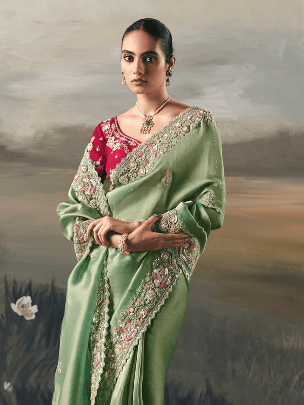 Pista Green Embroidered Designer Organza Silk Saree With Contrast Blouse