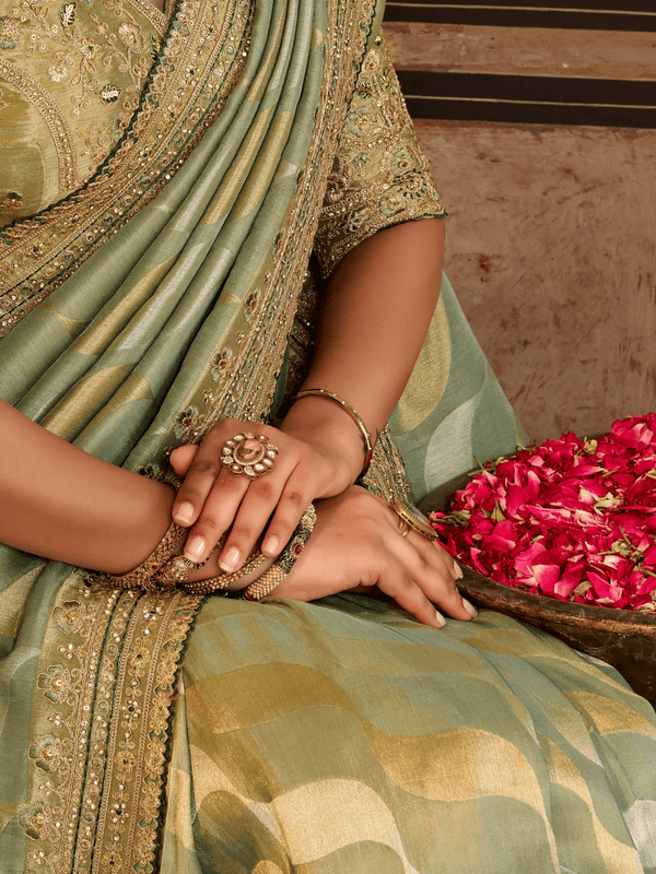 Pista Green Embroidered Designer Tissue Silk Saree