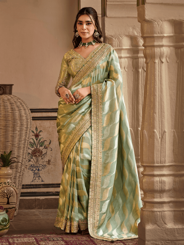 Pista Green Embroidered Designer Tissue Silk Saree