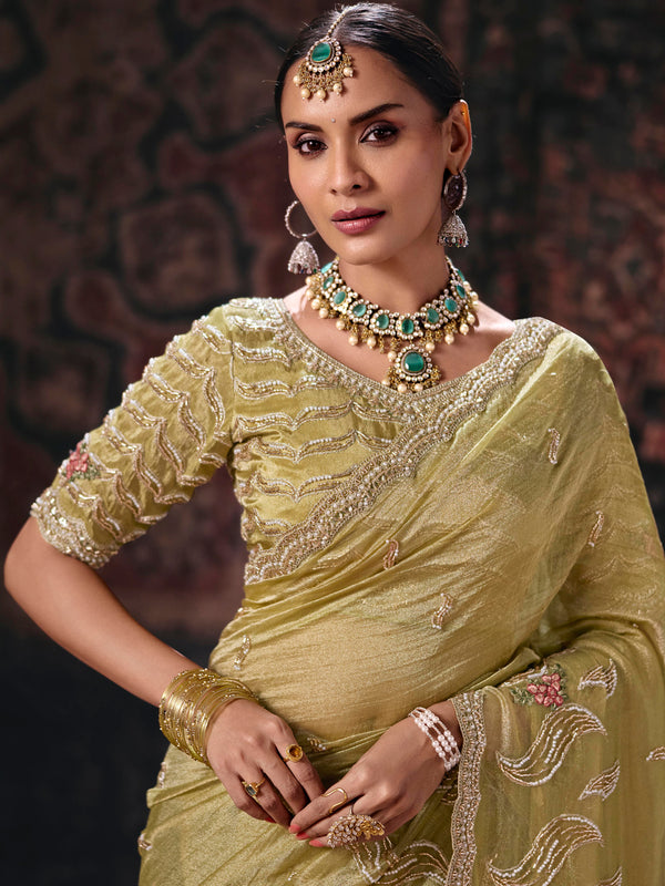 Pista Green Embroidered Designer Tissue Silk Saree, blouse close-up