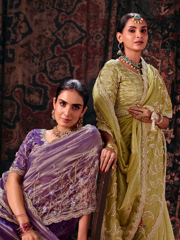 Pista Green Embroidered Designer Tissue Silk Saree, shown with other colours