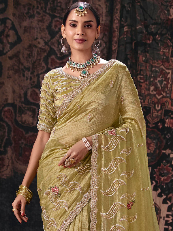Pista Green Embroidered Designer Tissue Silk Saree, pallu and blouse