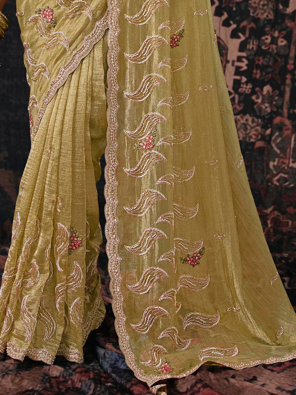 Pista Green Embroidered Designer Tissue Silk Saree, border and drape