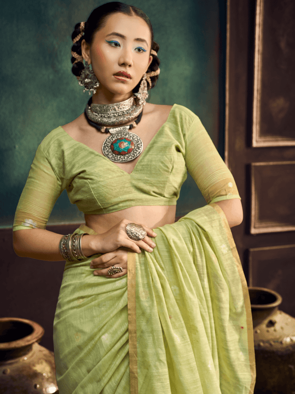 Pista Green Handloom Jamdani Slub Cotton Saree