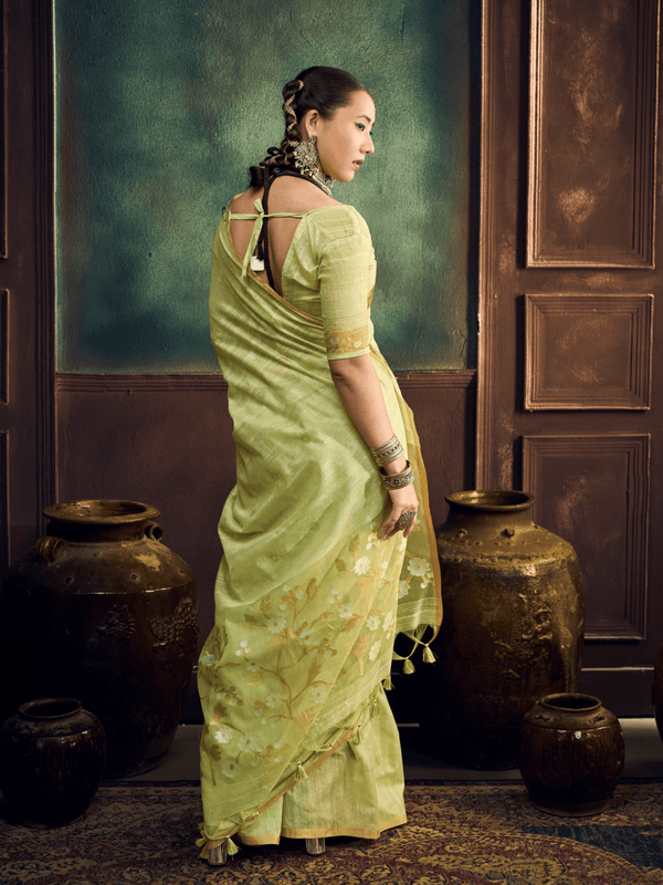 Pista Green Handloom Jamdani Slub Cotton Saree