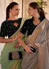 Pista Green Linen Silk Saree with Velvet Blouse