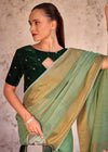 Pista Green Linen Silk Saree with Velvet Blouse