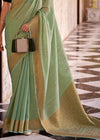 Pista Green Linen Silk Saree with Velvet Blouse