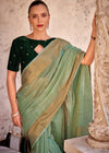 Pista Green Linen Silk Saree with Velvet Blouse