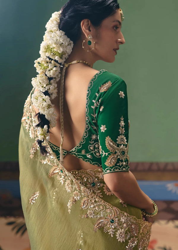 Pista Green Organza Silk Saree with Bottle Green Contrast Blouse
