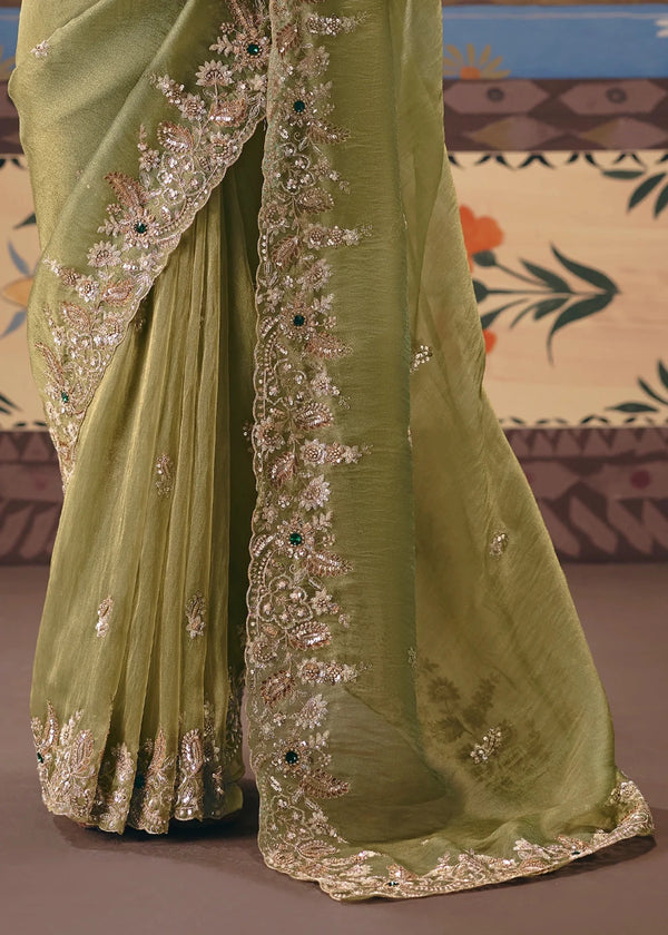 Pista Green Organza Silk Saree with Bottle Green Contrast Blouse