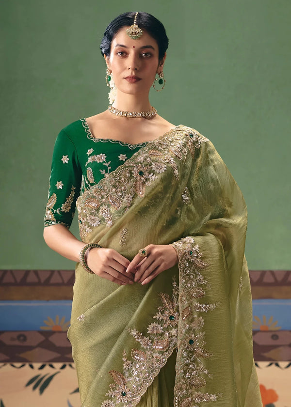 Pista Green Organza Silk Saree with Bottle Green Contrast Blouse