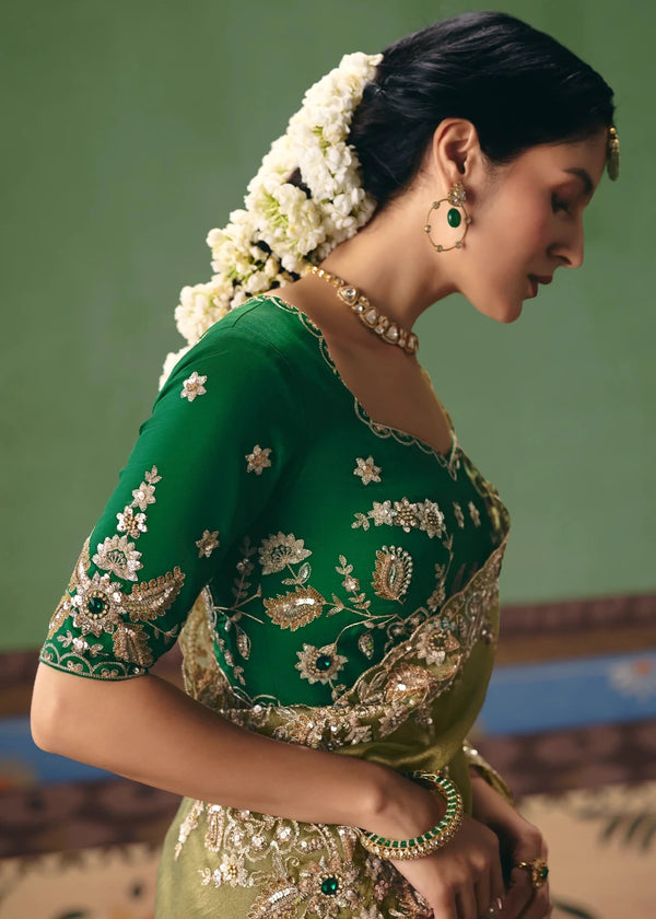 Pista Green Organza Silk Saree with Bottle Green Contrast Blouse