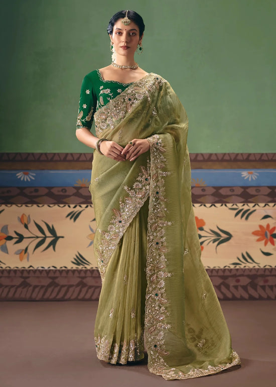 Pista Green Organza Silk Saree with Bottle Green Contrast Blouse