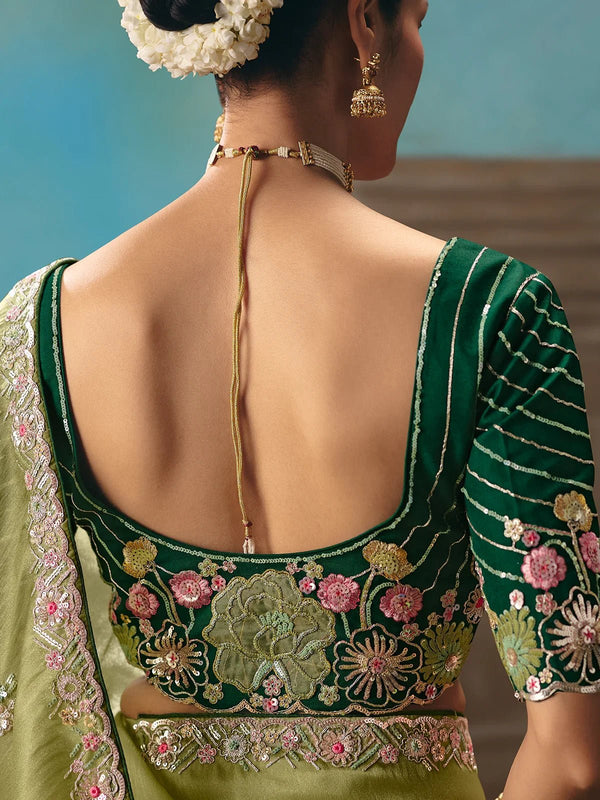 Pista Green Organza Silk Saree with Dark Green Contrast Blouse