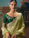 Pista Green Organza Silk Saree with Dark Green Contrast Blouse