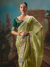 Pista Green Organza Silk Saree with Dark Green Contrast Blouse