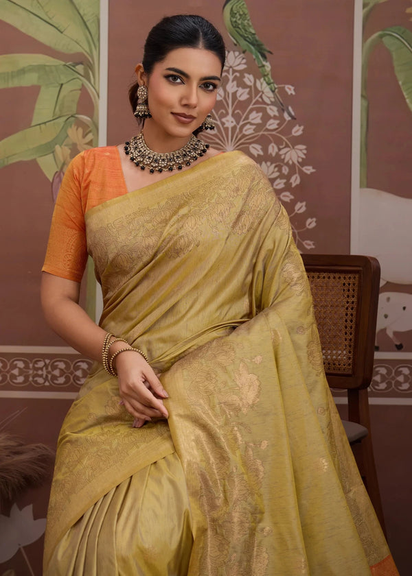 Pista Green Tussar Silk Saree with Orange Contrast Blouse