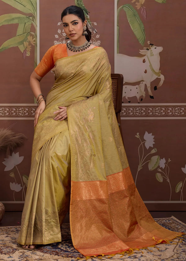 Pista Green Tussar Silk Saree with Orange Contrast Blouse