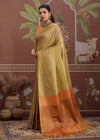 Pista Green Tussar Silk Saree with Orange Contrast Blouse
