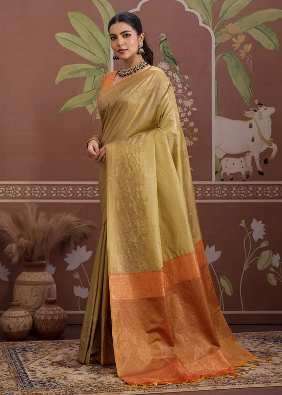 Pista Green Tussar Silk Saree with Orange Contrast Blouse