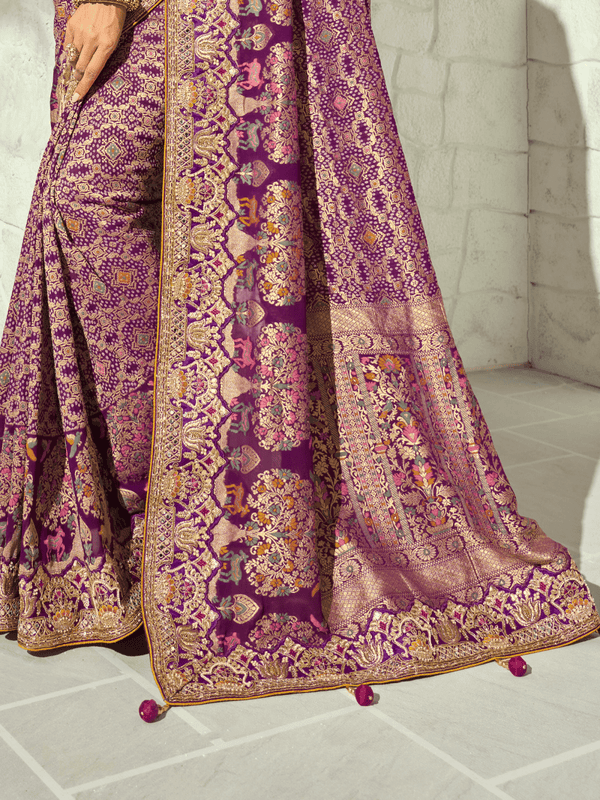 Plum Purple Banarasi Georgette Saree With Contrast Blouse