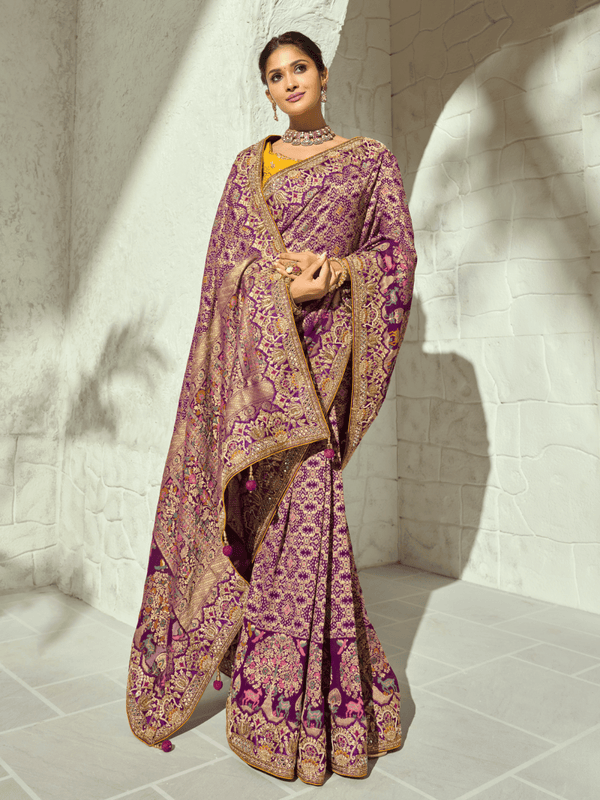 Plum Purple Banarasi Georgette Saree With Contrast Blouse