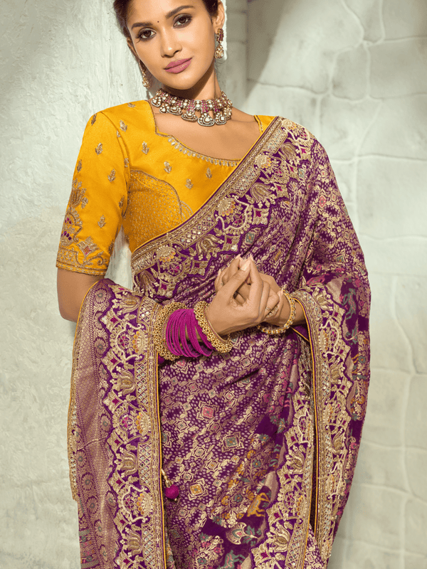 Plum Purple Banarasi Georgette Saree With Contrast Blouse