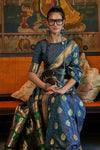 Police Blue Tanchoi Handloom Weaving Satin Saree