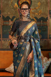 Police Blue Tanchoi Handloom Weaving Satin Saree