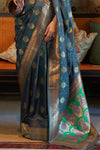 Police Blue Tanchoi Handloom Weaving Satin Saree