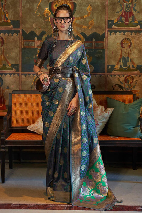 Police Blue Tanchoi Handloom Weaving Satin Saree